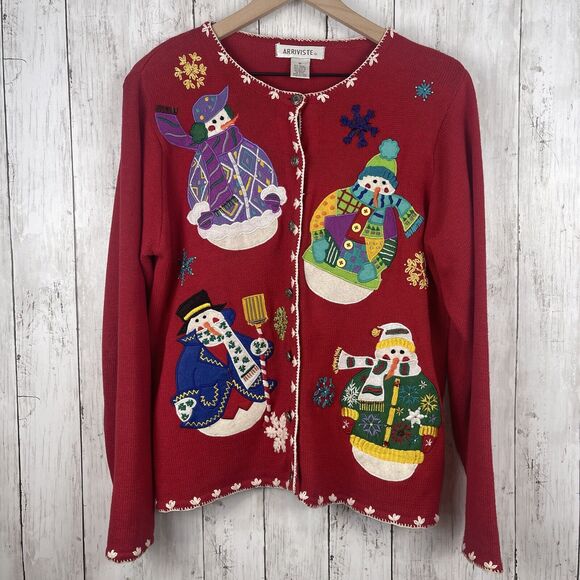 Arriviste Christmas Cardigan Ugly Sweater Medium Red Snowman Beaded Embellished - Picture 1 of 10